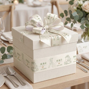 Personalized Ivory Sage Green Wedding Monogram Satin Ribbon