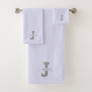 Personalized J Initial Silver Monogram Your Name Bath Towel Set