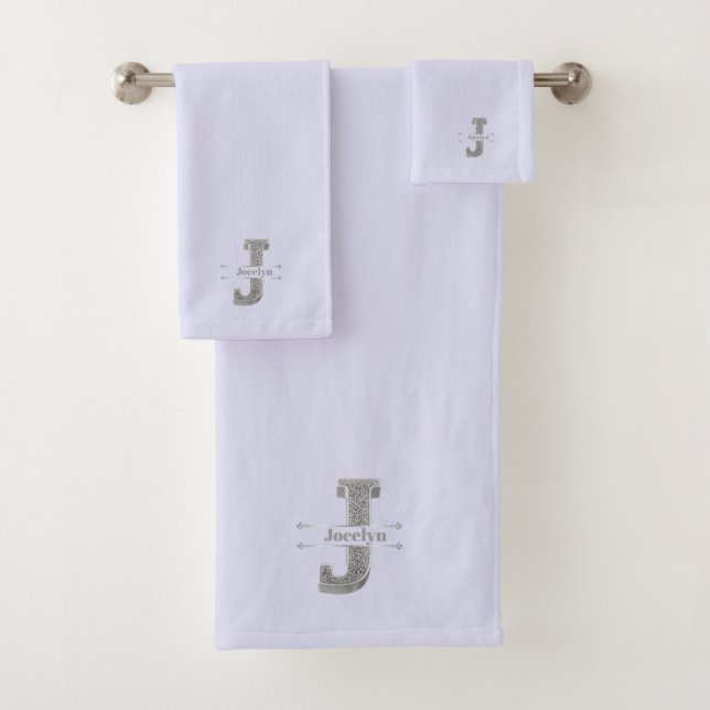 Personalized J Initial Silver Monogram Your Name   Bath Towel Set (Insitu)