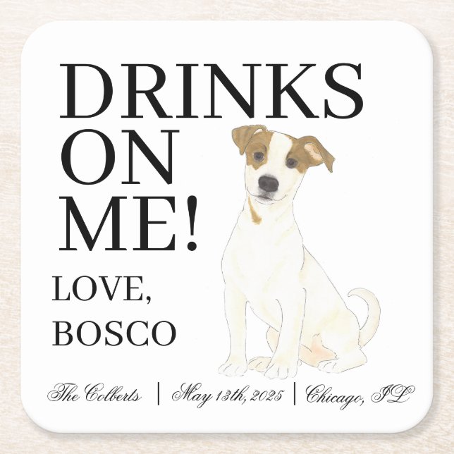 Personalized Jack Russell Terrier Dog Wedding Square Paper Coaster (Front)