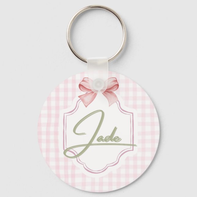 Personalized Jade Baby Girl Nursery Bow&Gingham Keychain (Front)