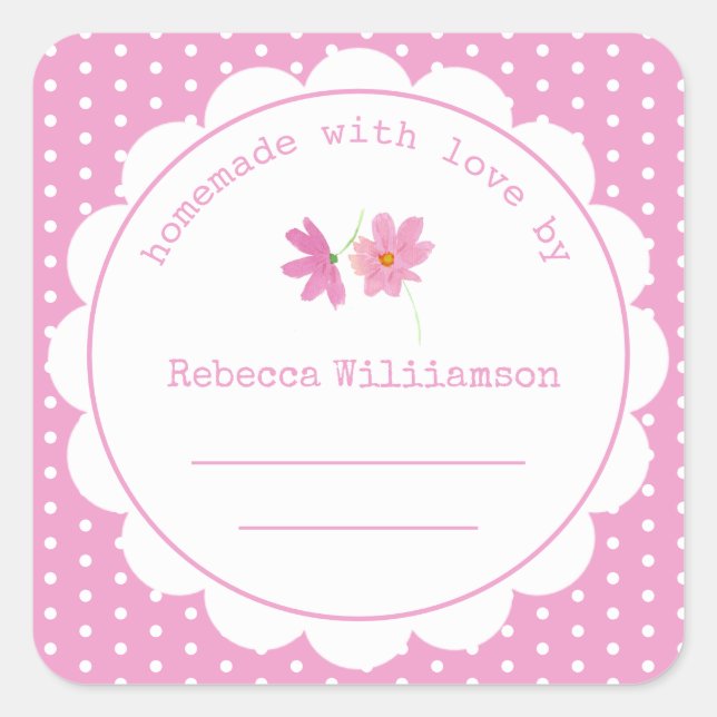 Personalized Jam Canning | Homemade Pink Polka Dot Square Sticker (Front)