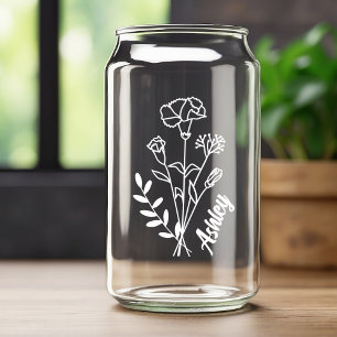 Personalized January Birth Flower Carnations White Can Glass