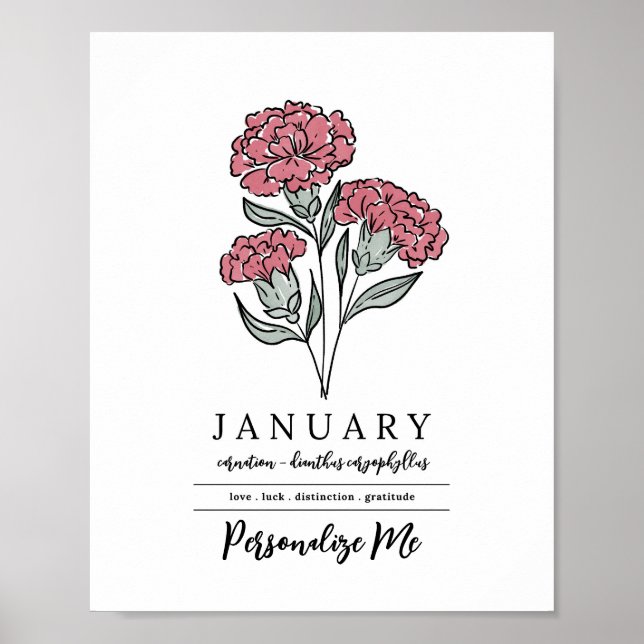Personalized January Carnation Birth Flower Poster (Front)