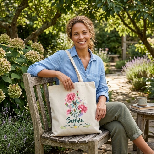 Personalized January Carnation Dragonfly Tote Bag (Creator Uploaded)