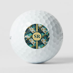 Personalized Japanese Floral Teal Gold Golf Balls