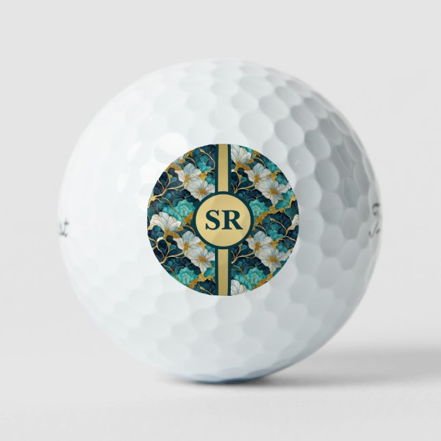 Personalized Japanese Floral Teal Gold Golf Balls (Front)