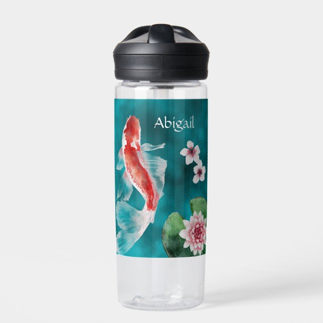 Personalized Japanese Koi Fish, Cherry Blossoms Water Bottle (Front)