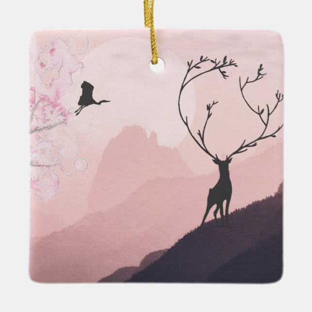 Personalized Japanese Mountain Wildlife Christmas Ceramic Ornament (Front)