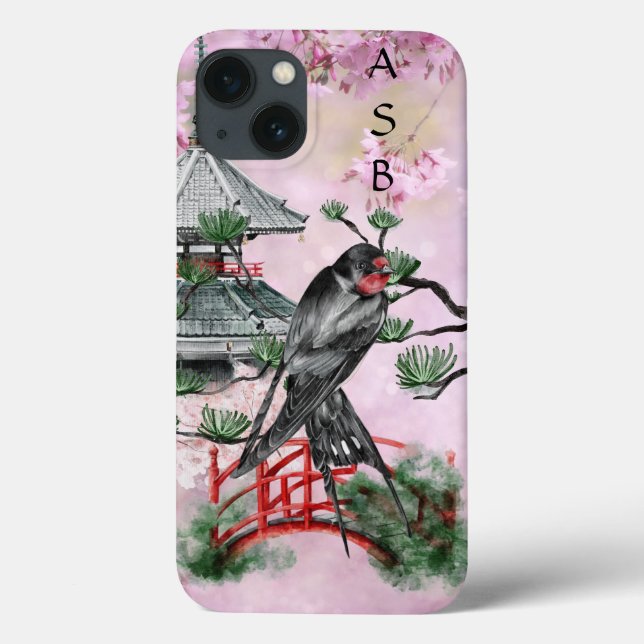 Personalized Japanese Swallow, Temple, Blossom Case-Mate iPhone Case (Back)