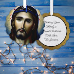 Personalized Jesus Christmas Religious Christian Ornament Card<br><div class="desc">Double sided Christmas ornament or gift tag that has Jesus Christ with thorns on the front and a personalized message on the back.</div>
