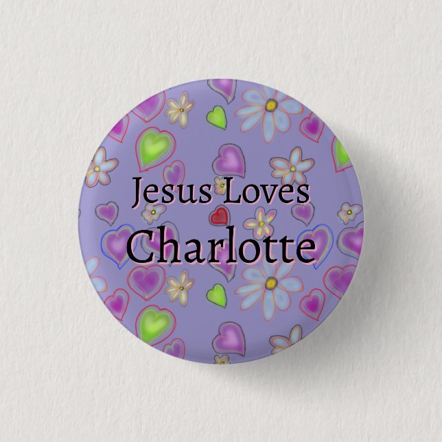 Personalized Jesus Loves Charlotte Purple Button (Front)