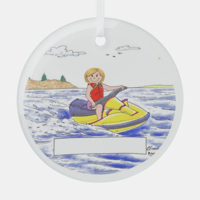 Personalized Jet Skier - Female, Blonde Glass Ornament (Front)