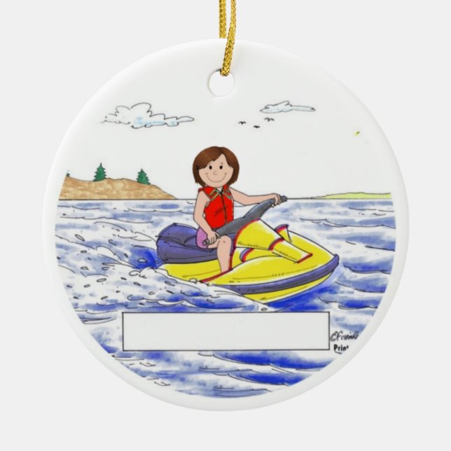 Personalized Jet Skier - Female, Brown Hair Ceramic Ornament (Front)