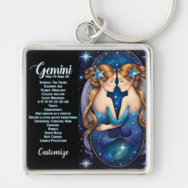 Personalized Jewel Galaxy Zodiac Gemini Keychain (Front)