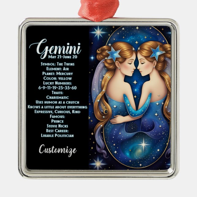 Personalized Jewel Galaxy Zodiac Gemini Metal Ornament (Front)