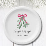 Personalized Jingle And MIngle Christmas Paper Plate<br><div class="desc">These Christmas party paper plates are decorated with watercolor green mistletoe,  a red ribbon,  and stylish script typography that says "Jingle And Mingle"
Easily customizable.
Original Watercolour © Michele Davies.</div>