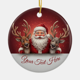 Personalized Jolly Santa Claus & Reindeer Trio  Ceramic Ornament