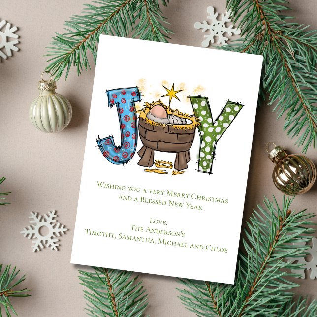 Personalized Joy Baby Jesus Religious Christmas  Holiday Card (Joy Christmas Card Personalized Add your own greeting. Baby Jesus in Manger.)