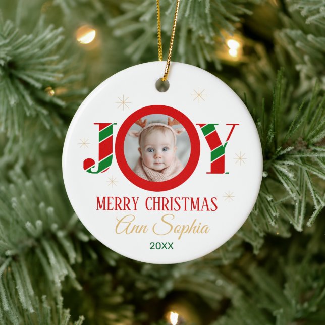 Personalized Joy Christmas Photo Ceramic Ornament (Tree)