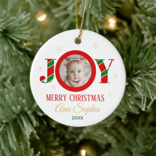 Personalized Joy Christmas Photo Ceramic Ornament