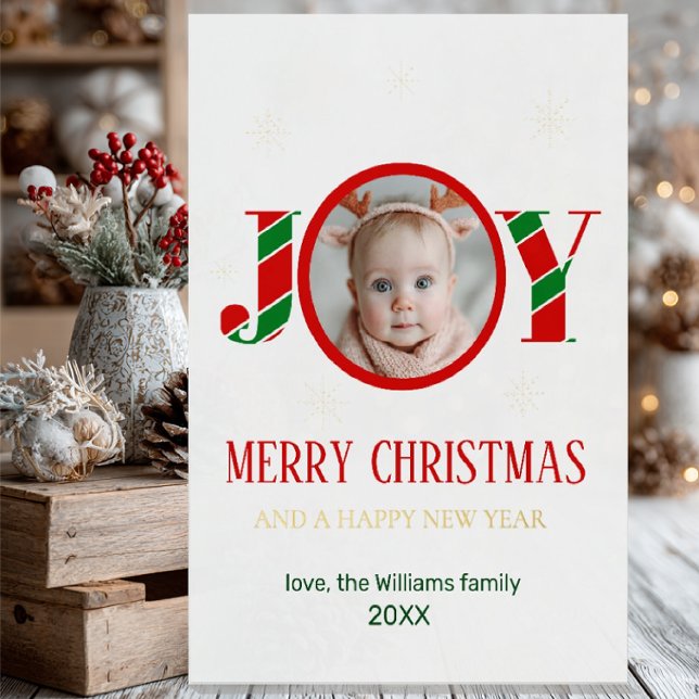 Personalized Joy Christmas Photo Foil Greeting Card (Creator Uploaded)