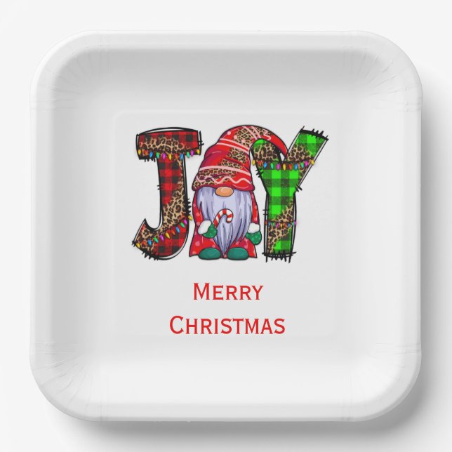 Personalized Joy Gnomes Merry Christmas  Paper Plate (Front)