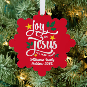 Personalized JOY IN JESUS Christian Christmas RED Ornament Card