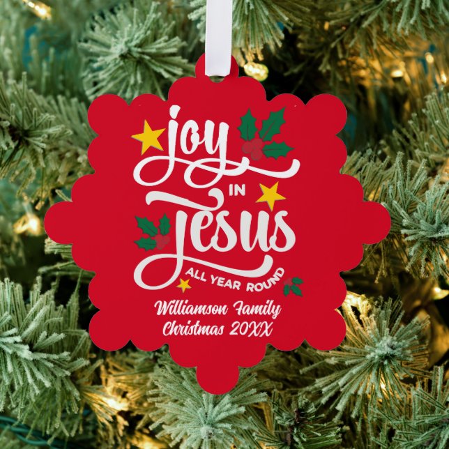 Personalized JOY IN JESUS Christian Christmas RED Ornament Card (Insitu (Tree))