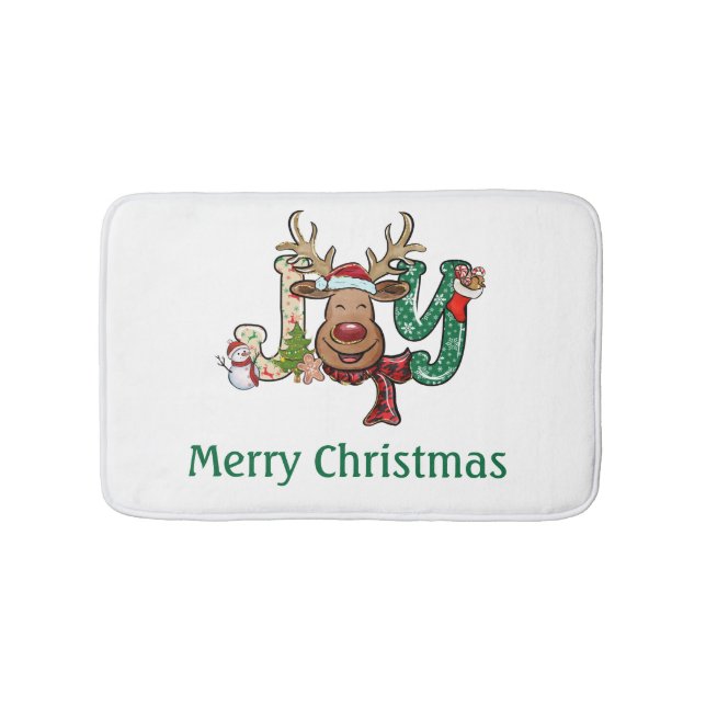 Personalized Joy Reindeer Fun Christmas Holiday  Bath Mat (Front)