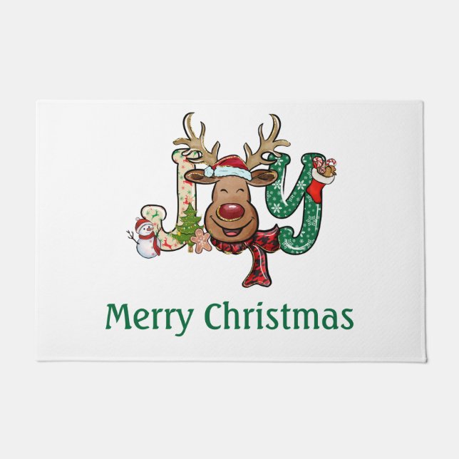 Personalized Joy Reindeer Fun Christmas Holiday  Doormat (Front)