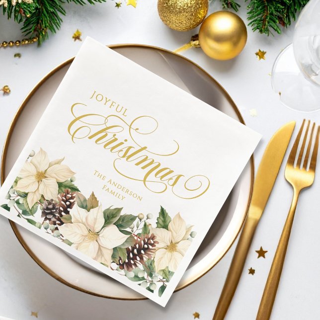 Personalized Joyful Christmas White Poinsettia   Napkin (Creator Uploaded)