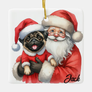 Personalized Joyful Pug Dog with Santa Ceramic Ornament