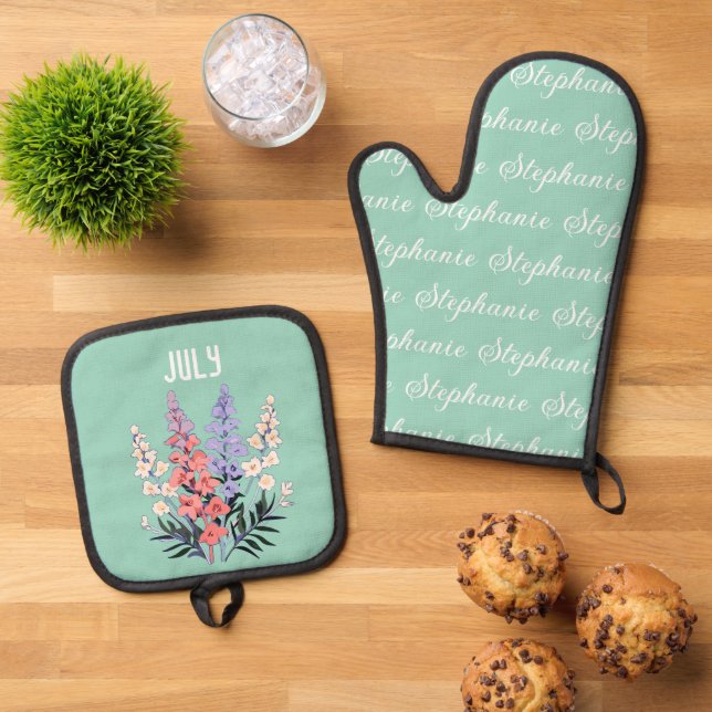 Personalized July Birth Flower Custom Name Oven Mitt & Pot Holder Set (Top Down)