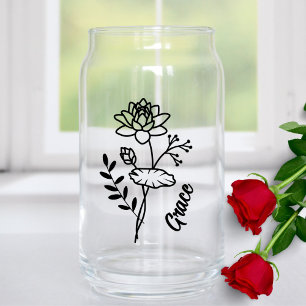 Personalized July Birth Month Flower Water Lily Can Glass