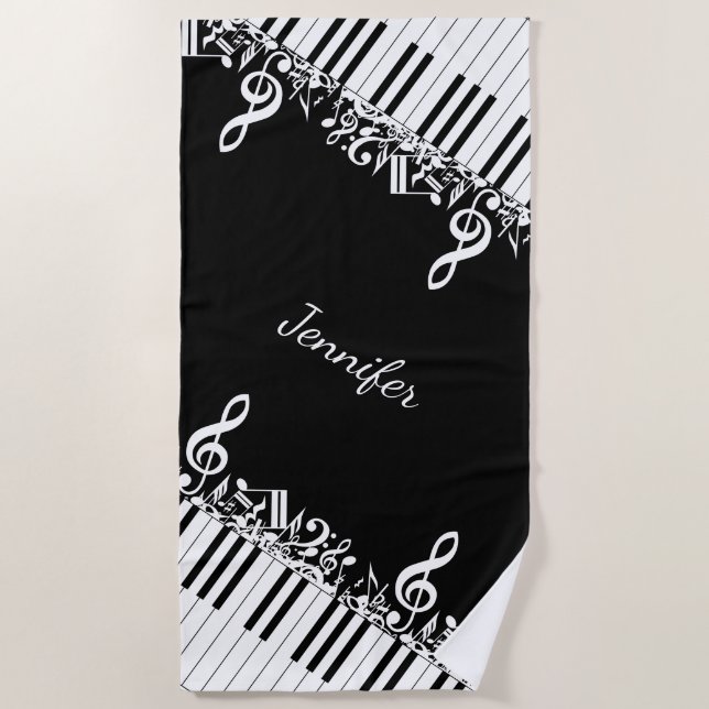 Personalized Jumbled Musical Notes and Piano Keys Beach Towel (Front)