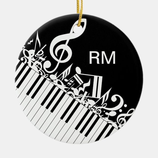 Personalized Jumbled Musical Notes and Piano Keys Ceramic Ornament (Front)
