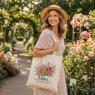 Personalized June Birth Flower Dragonfly Rose Tote Bag