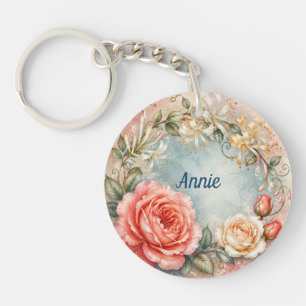 Personalized June Birth Flower Rose & Honeysuckle Keychain