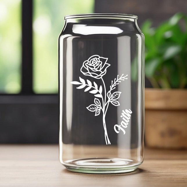 Personalized June Birth Month Flower Rose White Can Glass (Creator Uploaded)