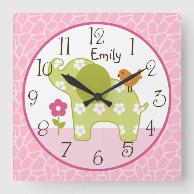 Personalized Jungle Girl Elephant  Nursery Clock (Front)