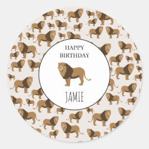 Personalized Jungle Lion Animal Pattern Birthday Classic Round Sticker