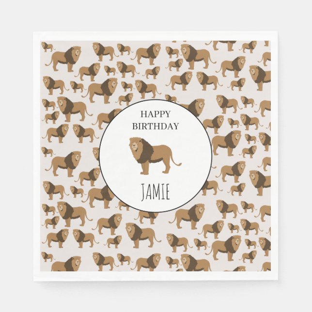 Personalized Jungle Lion Animal Pattern Birthday  Napkin (Front)