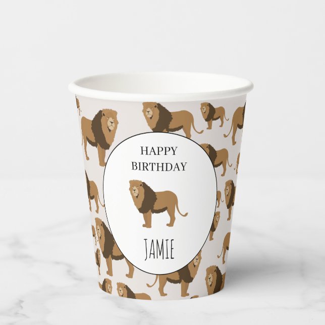 Personalized Jungle Lion Animal Pattern Birthday Paper Cups (Front)