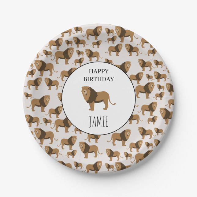 Personalized Jungle Lion Animal Pattern Birthday  Paper Plate (Front)