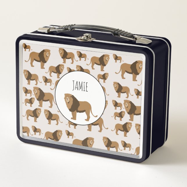 Personalized Jungle Lion Animal Pattern Metal Lunch Box (Front)