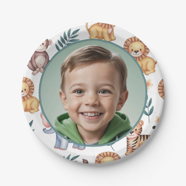 Personalized Jungle Safari Animal Border Photo Paper Plate (Front)
