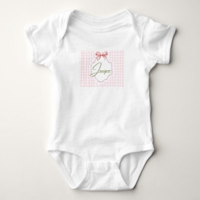 Personalized Juniper Baby Girl Nursery BowGingham  Bodysuit (Front)