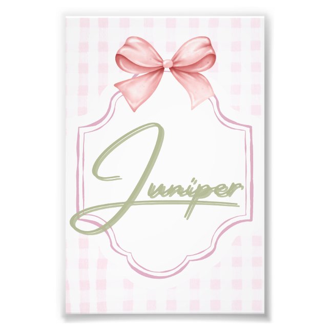 Personalized Juniper Baby Girl Nursery BowGingham  Photo Print (Front)