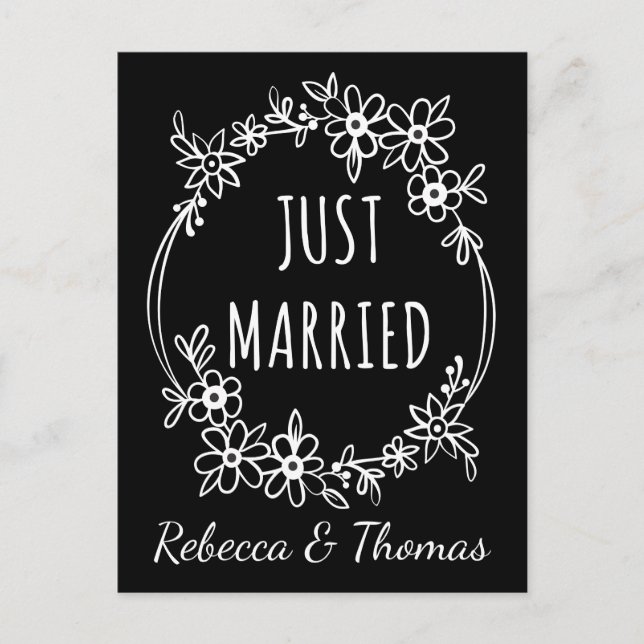 Personalized Just Married Black Wedding Floral Announcement Postcard (Front)